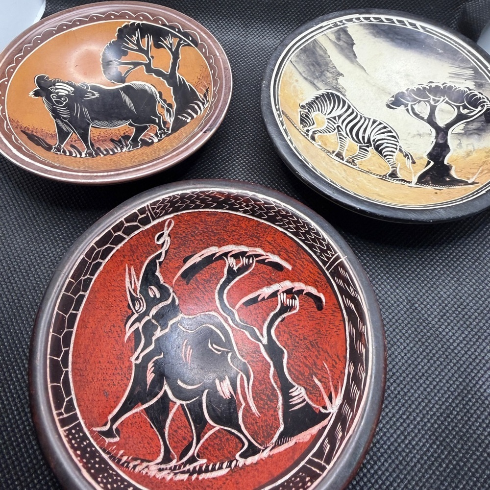 Set 3 African Soapstone Hand Carved Safari Animal Bowls Zebra Warthog